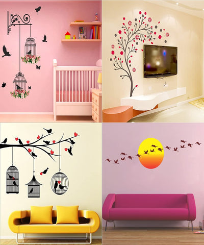 PVC Vinyl Wall Sticker Love Birds with Hearts | Branches and Cages | Magical Tree Sunrise with Flying Birds - Multicolor - Set of 4