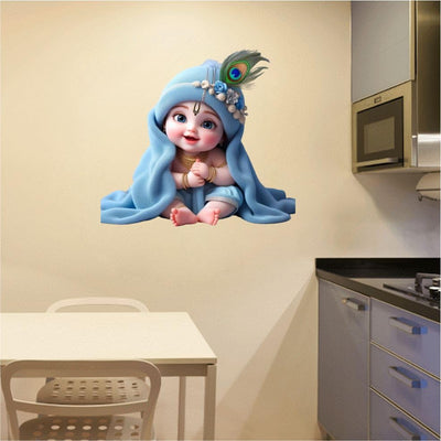 Cute Little Krishna Baby Krishna Lord Krishna God Krishna Wall Sticker Kids Room Living Room Bedroom Size - 60 x 60 cm Pack of - 1 Sky collour