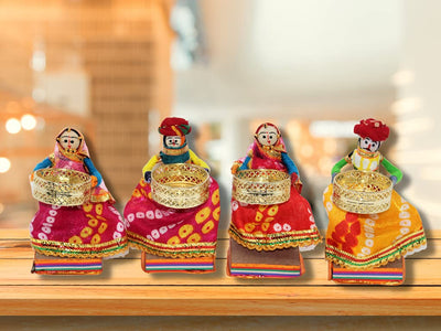 Recycled Martial Rajasthani Standing Dolls Tealight Candle Holder, Multicolor