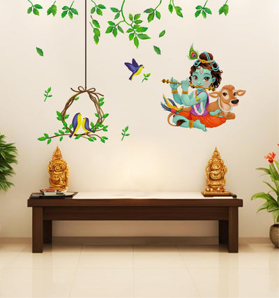 Religious God Krishna with Birds nest Combo Wall Stickers |PVC Vinyl | Multicolour