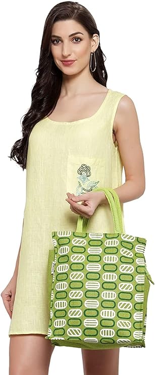 Trendy Jute Bags - Green, Eco-Friendly Jute Bags Tiffin/Shopping Grocery Multipurpose Hand Bag with Zip & Handle for Men & Women