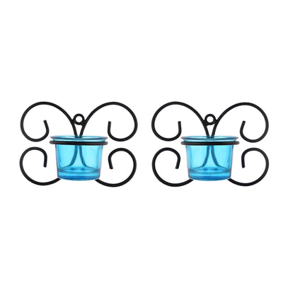 Set of 1 Wall Hanging Tealight Candle Holder Metal Wall Sconce with Glass Cups - Decorations Items for Home Wall Decor - Butterfly Skyblue