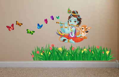 Lord Krishna Flute Singing with Cow and Butterfly Grass Decorative PVC Vinyl Wall Sticker (Wall Coverage Area - Height 75 cms X Width 115 cms)