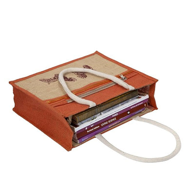 Eco-Friendly Jute Horse Bag-Reusable Tiffin/Shopping/Grocery Multipurpose Hand Bag with Zip & Handle for Men and Women - Orange