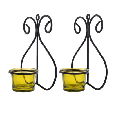 Set of 1 Wall Hanging Tealight Candle Holder Metal Wall Sconce with Glass Cups - Heart Yellow