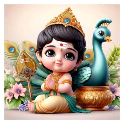 Little Kartik and Cute Peacock Wall Poster for Livng Room, Kids Room, Office (Size - 46CM X 46CM)