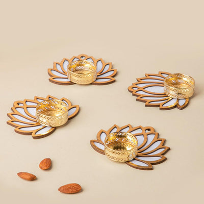 Lotus Glass Tea Light Holder Set of 4, Diwali Decoration Items for Home Decor