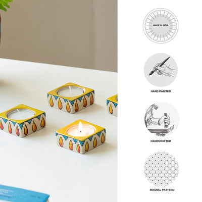 Ceramic Tea Light Candle Holder for Home Decoration - Set of 4, Yellow & White