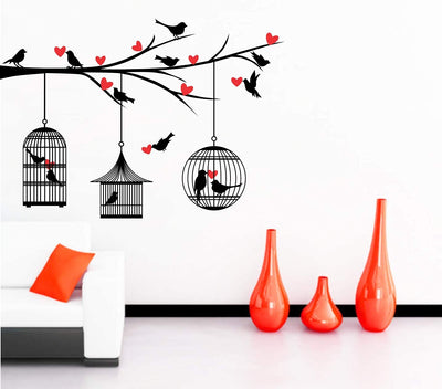 PVC Vinyl Wall Sticker Love Birds with Hearts | Branches and Cages | Magical Tree Sunrise with Flying Birds - Multicolor - Set of 4