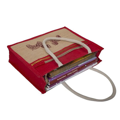 Eco-Friendly Jute Horse Bag-Reusable Tiffin/Shopping/Grocery Multipurpose Hand Bag with Zip & Handle for Men and Women - Red