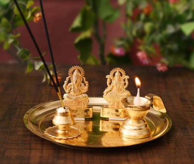 Goddess Laxmi & Lord Ganesh Idol Showpiece with Traditional Diya Oil Puja Lamp