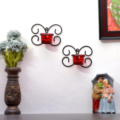 Set of 1 Wall Hanging Tealight Candle Holder Metal Wall Sconce with Glass Cups - Decorations Items for Home Wall Decor - Butterfly Red