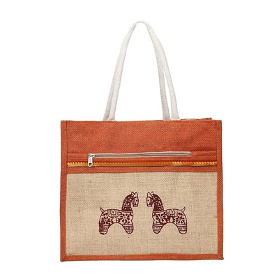 Eco-Friendly Jute Horse Bag-Reusable Tiffin/Shopping/Grocery Multipurpose Hand Bag with Zip & Handle for Men and Women - Orange