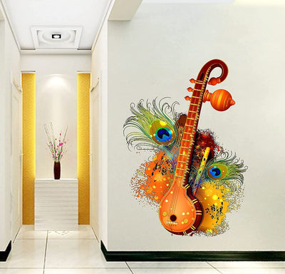 Musical Sitaar Peacock Feather Wall Sticker for Kids Room, Bedroom, Living Room, (Size -66 Cm X 50 Cm)