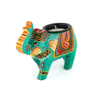 Handcrafted and Colorful Wooden Elephant Tea Light Holder - Blue