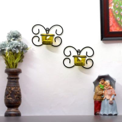 Set of 1 Wall Hanging Tealight Candle Holder Metal Wall Sconce with Glass Cups - Decorations Items for Home Wall Decor - Butterfly Yellow