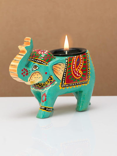 Handcrafted and Colorful Wooden Elephant Tea Light Holder - Blue