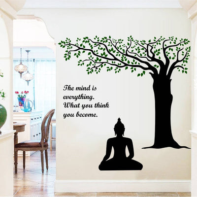 Lord Buddha Under Tree and Quote on Mind PVC Vinyl Wall Sticker (Wall Coverage Area - Height 95 cms X Width 110 cms)