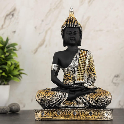 Polyresin Sitting Buddha Idol Statue | Home Decor Showpiece | Decoration & Gift - SilverBlack