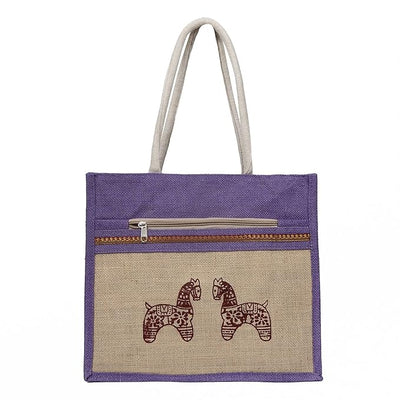 Eco-Friendly Jute Horse Bag-Reusable Tiffin/Shopping/Grocery Multipurpose Hand Bag with Zip & Handle for Men and Women - Purple