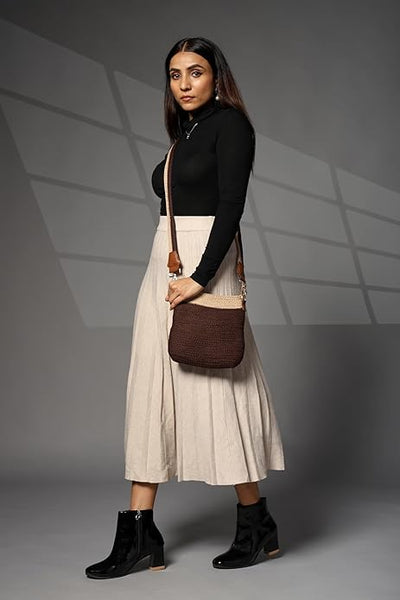Women's Premium Cotton/Full Sling Shoulder Bag - Brown-Beige