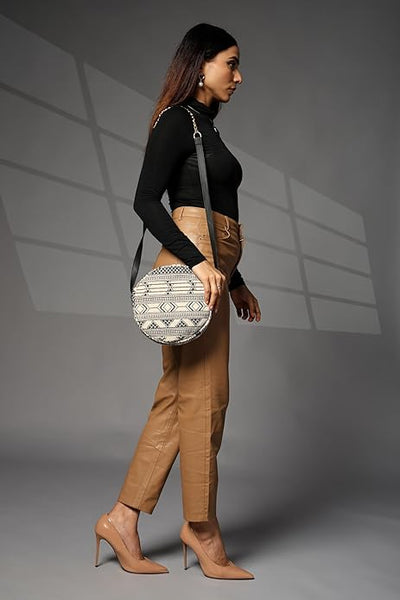 Women's Premium Cotton/Full Sling Shoulder Bag - CIRCLE-BLACK