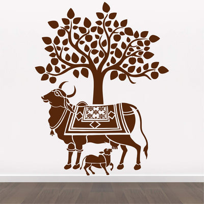 Kamdhenu Cow and Calf - Holy Cow - Hindu Religion - Sacred - God - Creative - Colorful Wall Sticker' -SM784 (Multi Colour, Vinyl - 100cm X 80 cm)
