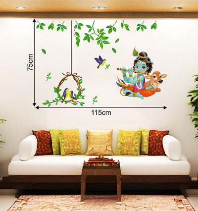 Religious God Krishna with Birds nest Combo Wall Stickers |PVC Vinyl | Multicolour