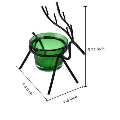 Set of 1 Decorative Handcrafted Metal Tea Light Candle Holders for Diwali Festival, Home Decor- Deer Green