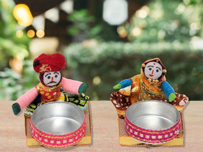 Recycled Martial Rajasthani Dolls Sitting Tealight Candle Holder, Multicolor