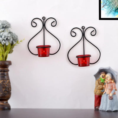 Decor Set of 1 Wall Hanging Tealight Candle Holder Metal Wall Sconce with Glass Cups - Heart Red