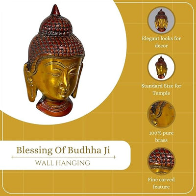 Brass Statue Lord Buddha Face Wall Hanging for Blessing, Happiness, Health, Home & Office with Antique Look