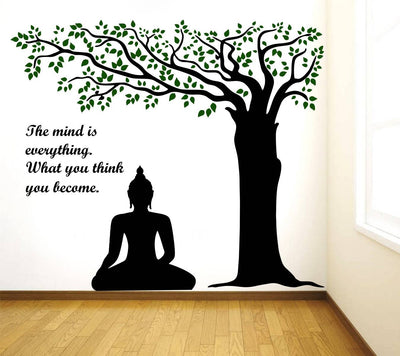 Lord Buddha Under Tree and Quote on Mind PVC Vinyl Wall Sticker (Wall Coverage Area - Height 95 cms X Width 110 cms)