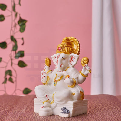 Marble Dust Ganesh Idol for Home Decor White 7 inch