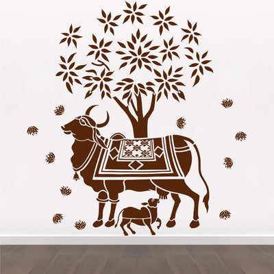 Kamdhenu Cow and Calf - Holy Cow - Hindu Religion - Sacred - God - Creative - Colorful Wall Sticker' -SM823 (Multi Colour, Vinyl - 100cm X 100 cm)