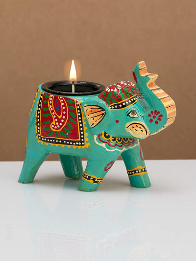 Handcrafted and Colorful Wooden Elephant Tea Light Holder - Blue