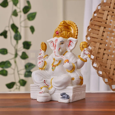 Marble Dust Ganesh Idol for Home Decor White 7 inch
