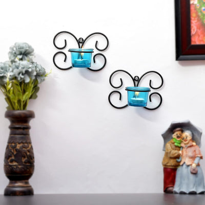 Set of 1 Wall Hanging Tealight Candle Holder Metal Wall Sconce with Glass Cups - Decorations Items for Home Wall Decor - Butterfly Skyblue