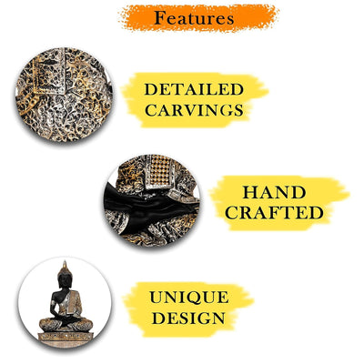 Polyresin Sitting Buddha Idol Statue | Home Decor Showpiece | Decoration & Gift - SilverBlack