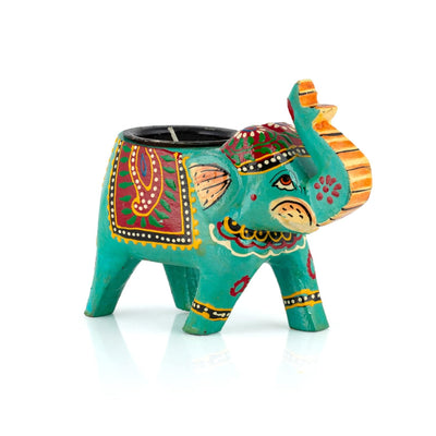 Handcrafted and Colorful Wooden Elephant Tea Light Holder - Blue