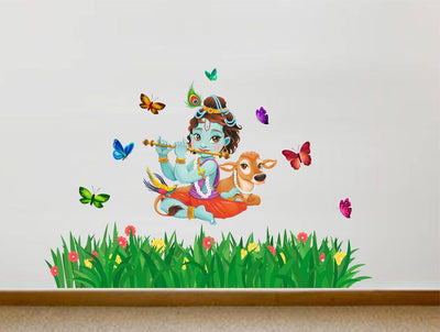 Lord Krishna Flute Singing with Cow and Butterfly Grass Decorative PVC Vinyl Wall Sticker (Wall Coverage Area - Height 75 cms X Width 115 cms)