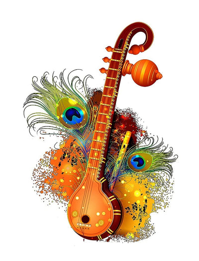 Musical Sitaar Peacock Feather Wall Sticker for Kids Room, Bedroom, Living Room, (Size -66 Cm X 50 Cm)