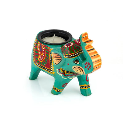 Handcrafted and Colorful Wooden Elephant Tea Light Holder - Blue