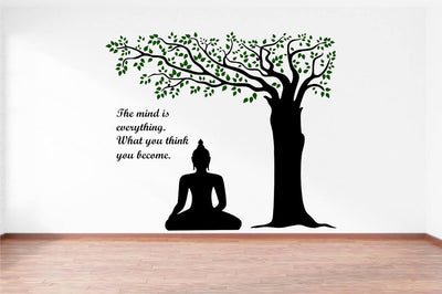 Lord Buddha Under Tree and Quote on Mind PVC Vinyl Wall Sticker (Wall Coverage Area - Height 95 cms X Width 110 cms)