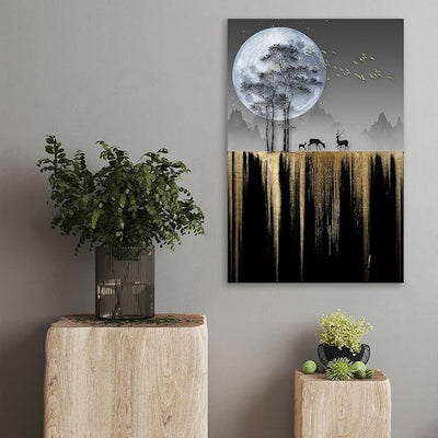 Canvas Print Moon and Deer Unframed Canvas Art Painting for Home Wall Decoration(12" x18inch)
