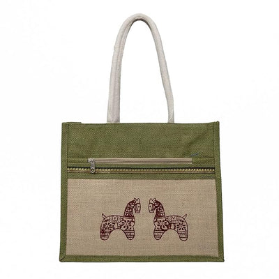 Eco-Friendly Jute Horse Bag-Reusable Tiffin/Shopping/Grocery Multipurpose Hand Bag with Zip & Handle for Men and Women - Green