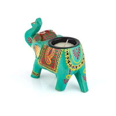 Handcrafted and Colorful Wooden Elephant Tea Light Holder - Blue