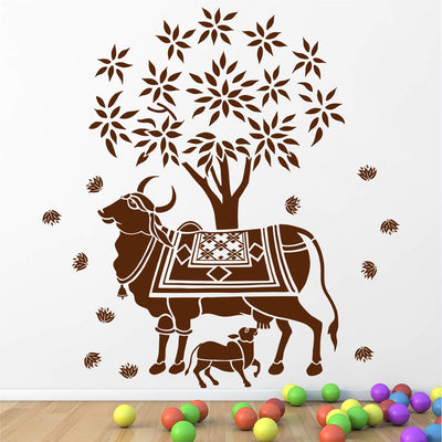 Kamdhenu Cow and Calf - Holy Cow - Hindu Religion - Sacred - God - Creative - Colorful Wall Sticker' -SM823 (Multi Colour, Vinyl - 100cm X 100 cm)