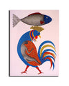 Canvas Print Gond Art , Fish & Cock, Traditional Art Painting, Classic Art, Indian Art, for Living Room, Wall Decoration, Unframed Painting, Fabric |Size- 12X9 inches.