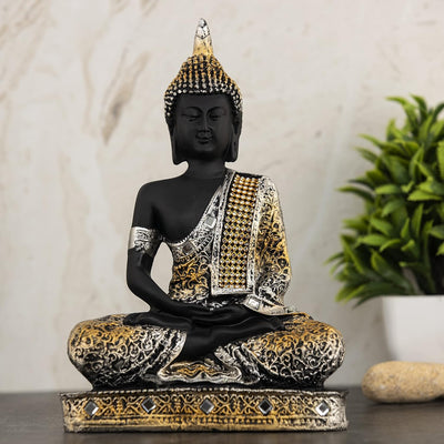 Polyresin Sitting Buddha Idol Statue | Home Decor Showpiece | Decoration & Gift - SilverBlack
